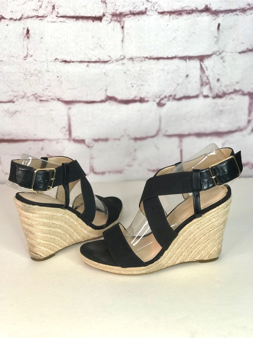 BANANA REPUBLIC TECLA Black Canvas Sz 9 Espadrille Wedge Crossover Ankle Strap - Picture 14 of 16